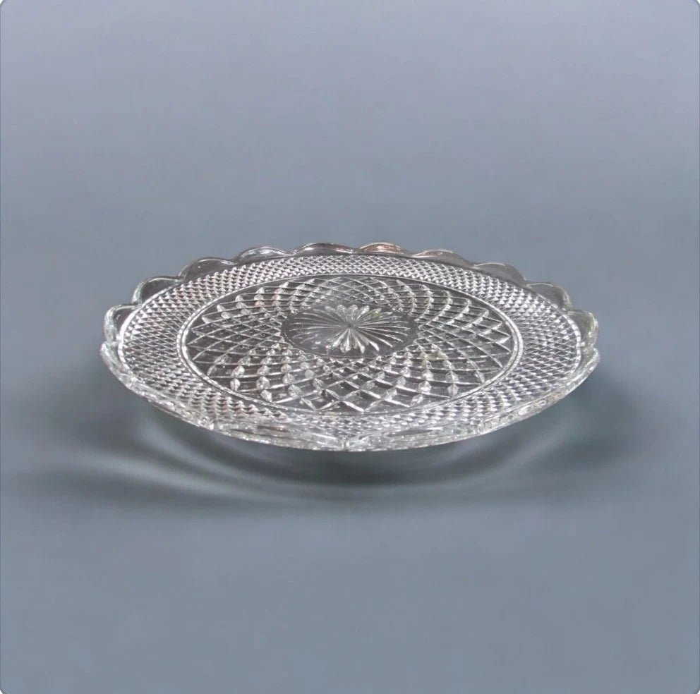 Anchor Hocking Wexford Torte Diamond Cut Clear Glass Cake/Sandwich/Plate/Tray Serving Platter w/Sunburst Pattern and Cupped Scalloped Edge - Timeless Treasures Emporium1