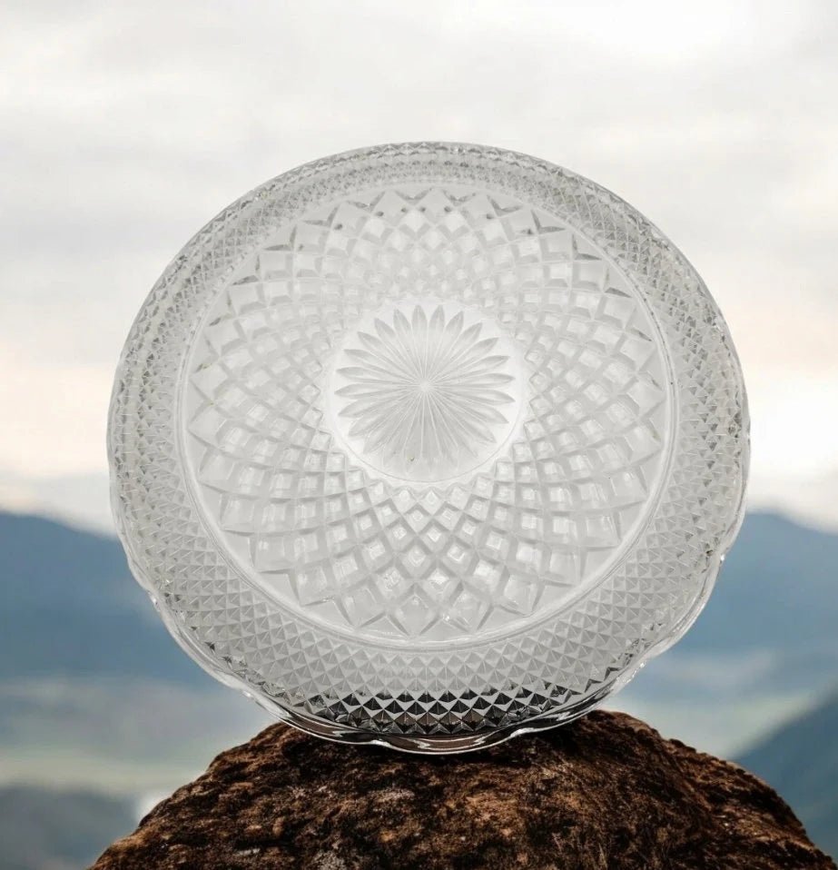 Anchor Hocking Wexford Torte Diamond Cut Clear Glass Cake/Sandwich/Plate/Tray Serving Platter w/Sunburst Pattern and Cupped Scalloped Edge - Timeless Treasures Emporium1