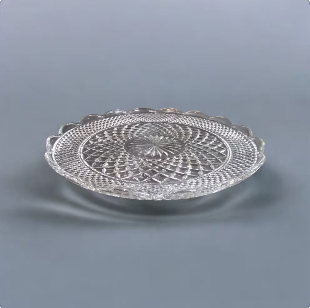 Anchor Hocking Wexford Torte Diamond Cut Clear Glass Cake/Sandwich/Plate/Tray Serving Platter w/Sunburst Pattern and Cupped Scalloped Edge - Timeless Treasures Emporium1