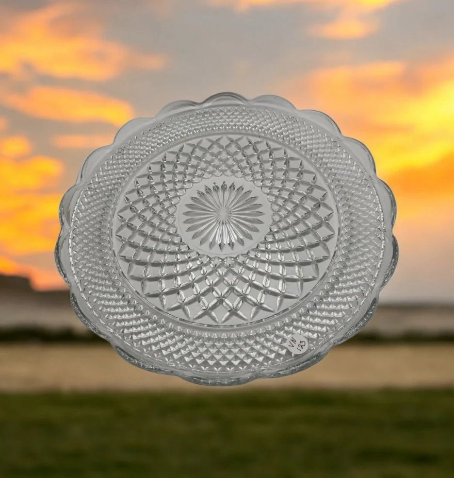 Anchor Hocking Wexford Torte Diamond Cut Clear Glass Cake/Sandwich/Plate/Tray Serving Platter w/Sunburst Pattern and Cupped Scalloped Edge - Timeless Treasures Emporium1