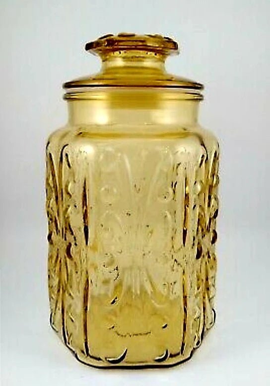 Beautiful L.E. Smith Atterbury Amber Depression Scroll Glass Retro Kitchen Canister Canister - Timeless Treasures Emporium1