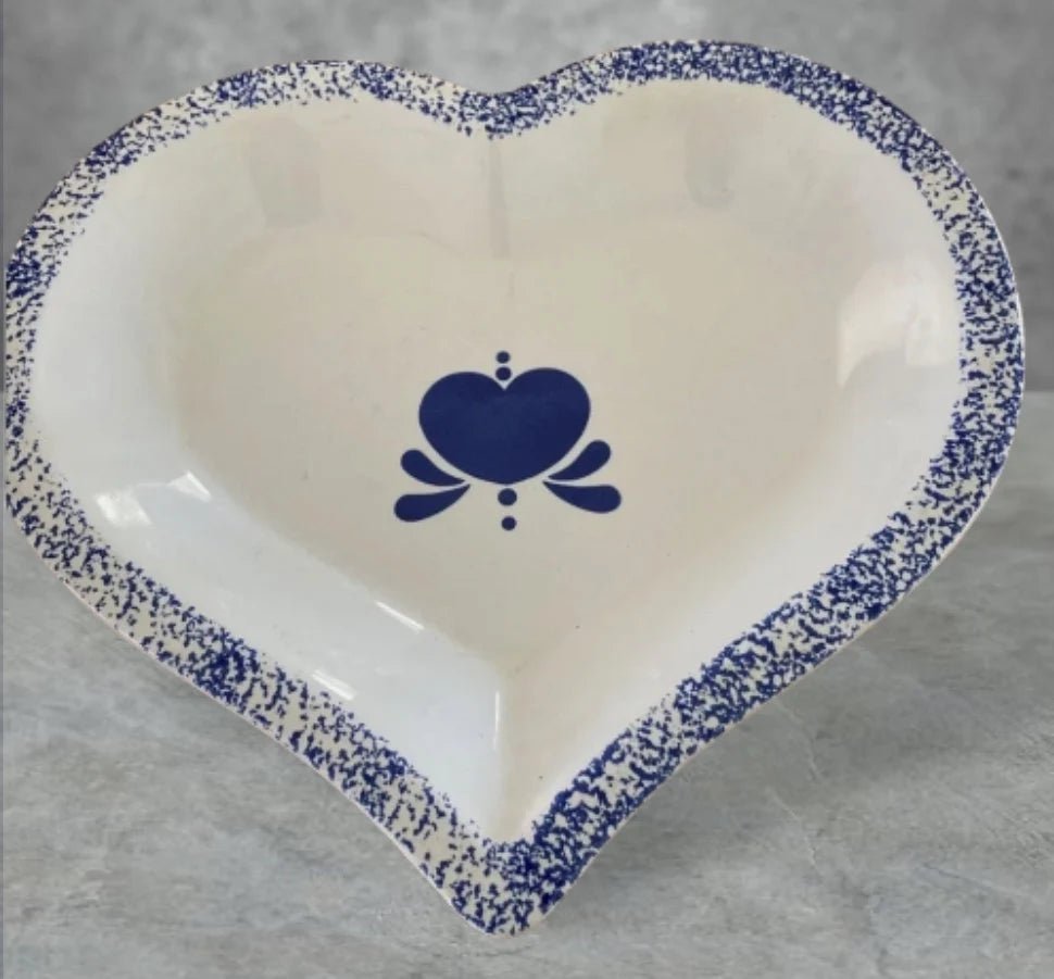 Cookin' The American Way Blue Sponge Country Heart Shaped Glazed Ceramic Stoneware Baking Dish Unbranded, Excellent Used Condition ~ 12.5" - Timeless Treasures Emporium1