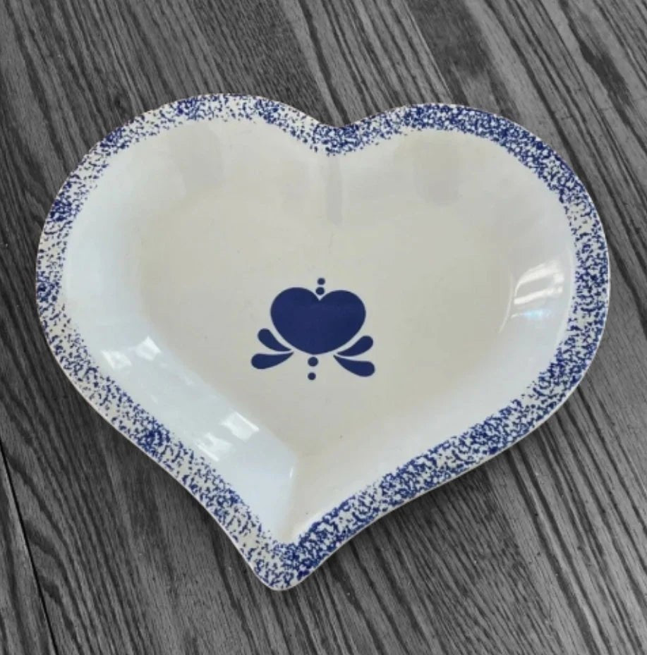 Cookin' The American Way Blue Sponge Country Heart Shaped Glazed Ceramic Stoneware Baking Dish Unbranded, Excellent Used Condition ~ 12.5" - Timeless Treasures Emporium1