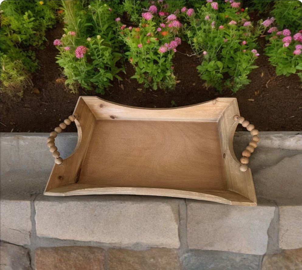 Decorative Light Wood Bead Handle Serving Tray 14"x22"x3" - Timeless Treasures Emporium1