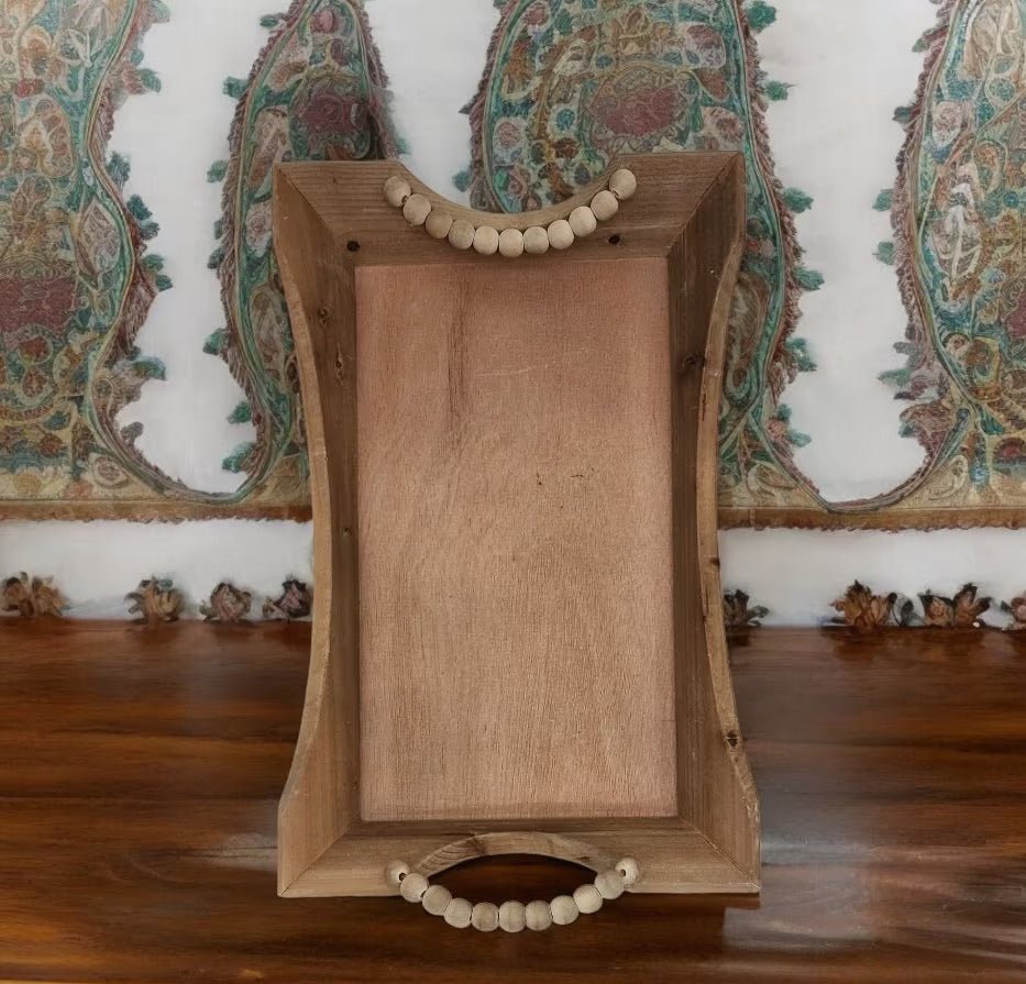 Decorative Light Wood Bead Handle Serving Tray 14"x22"x3" - Timeless Treasures Emporium1