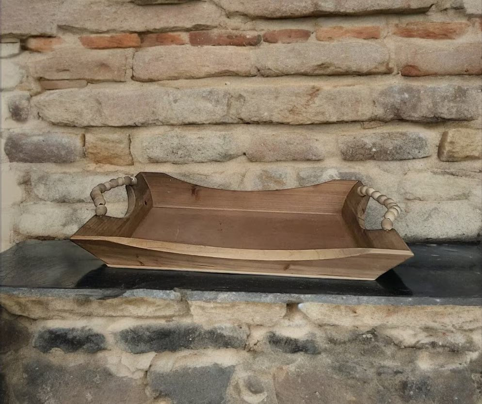Decorative Light Wood Bead Handle Serving Tray 14"x22"x3" - Timeless Treasures Emporium1