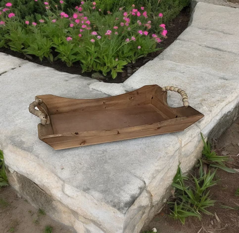 Decorative Light Wood Bead Handle Serving Tray 14"x22"x3" - Timeless Treasures Emporium1
