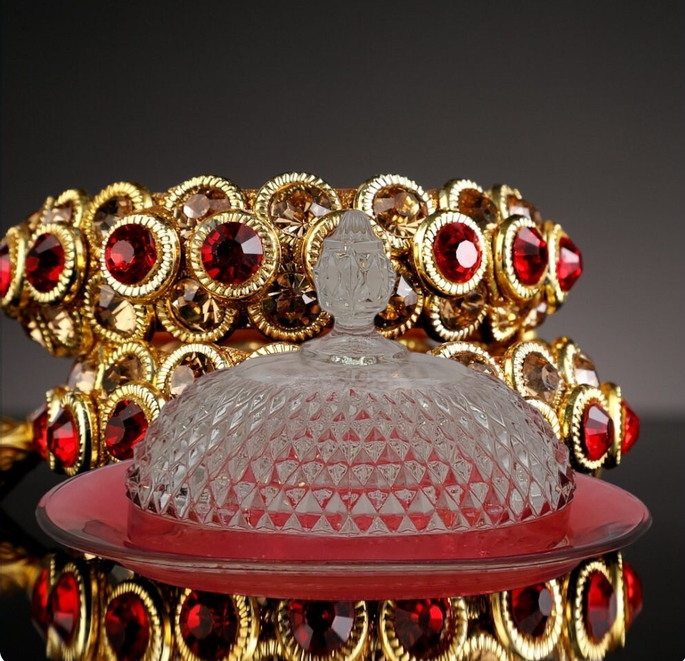 Vintage Indiana Glass Diamond Point Faceted Cranberry Red Flash Oval Large Covered Butter Dish - Timeless Treasures Emporium1