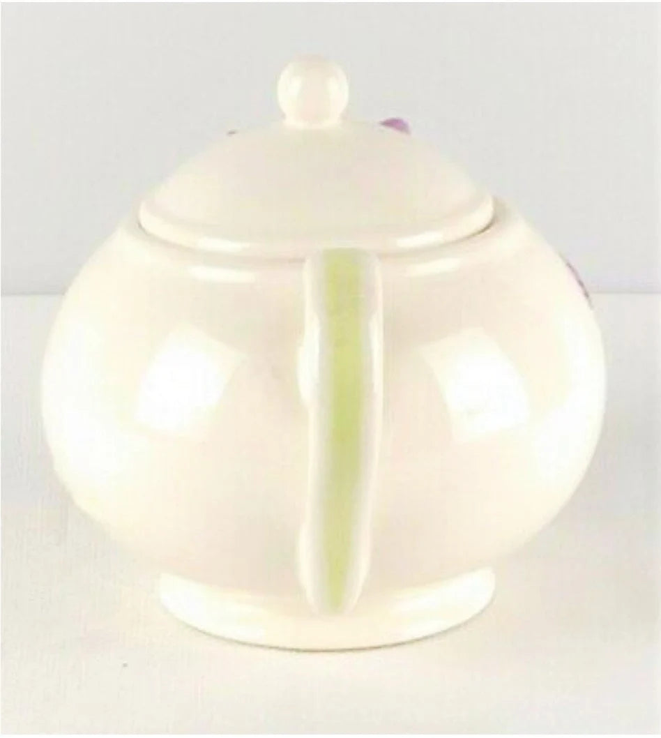 Vintage Embossed Ceramic Teleflora Gift Lidded Floral Teapot White with Pink Morning Glory Flower Spout