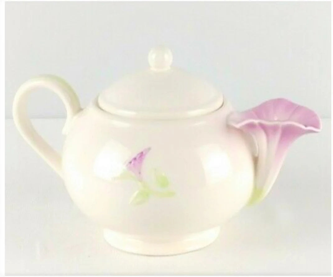 Vintage Embossed Ceramic Teleflora Gift Lidded Floral Teapot White with Pink Morning Glory Flower Spout