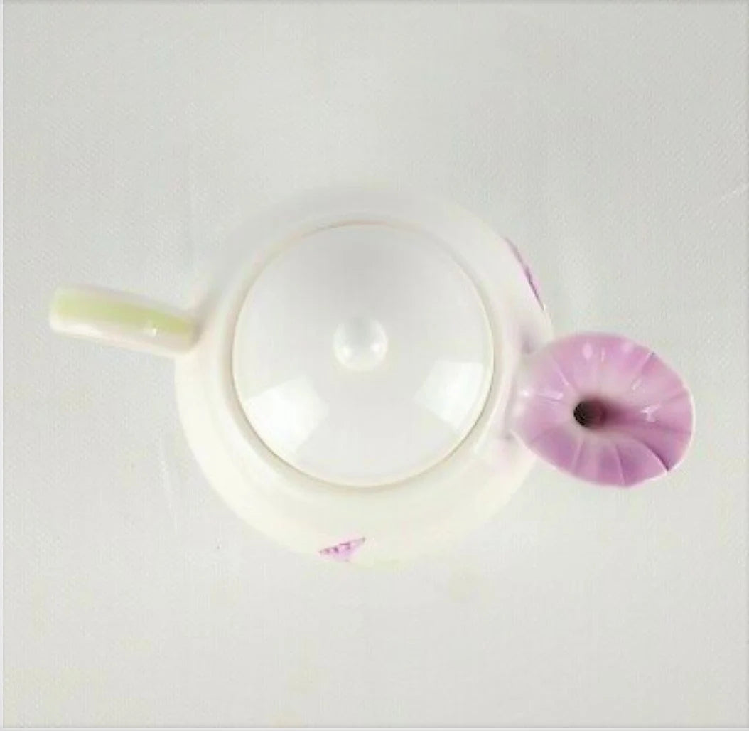 Vintage Embossed Ceramic Teleflora Gift Lidded Floral Teapot White with Pink Morning Glory Flower Spout