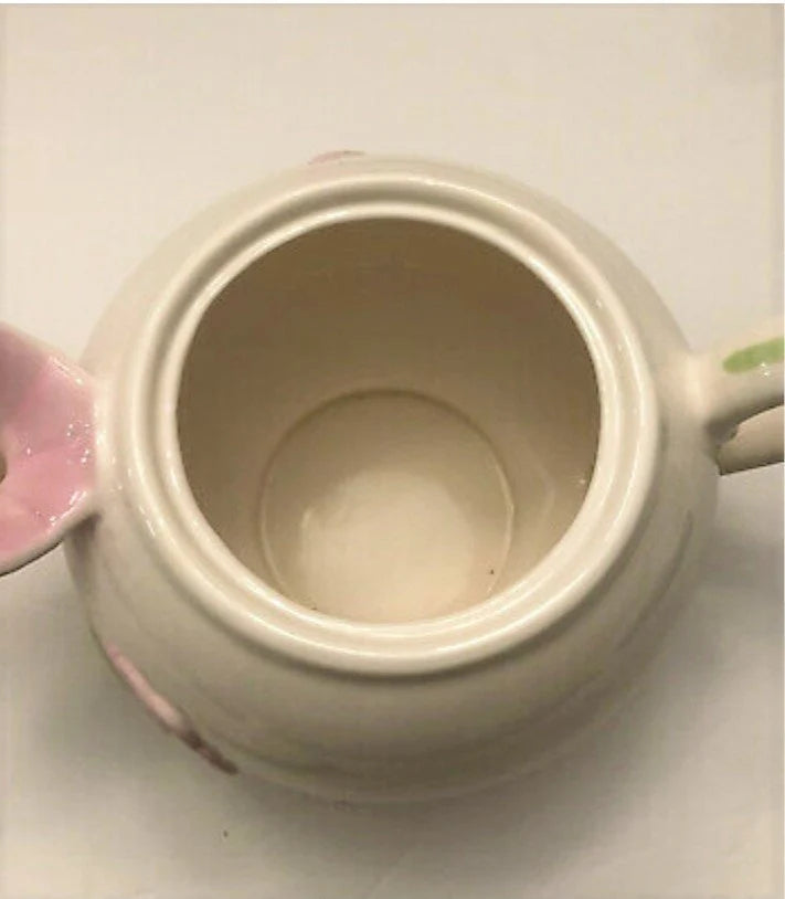 Vintage Embossed Ceramic Teleflora Gift Lidded Floral Teapot White with Pink Morning Glory Flower Spout
