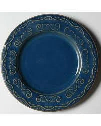 Tunisia Salad Plates Tan Embossed Scrolls on Blue Body, by Pier 1, 8.5"