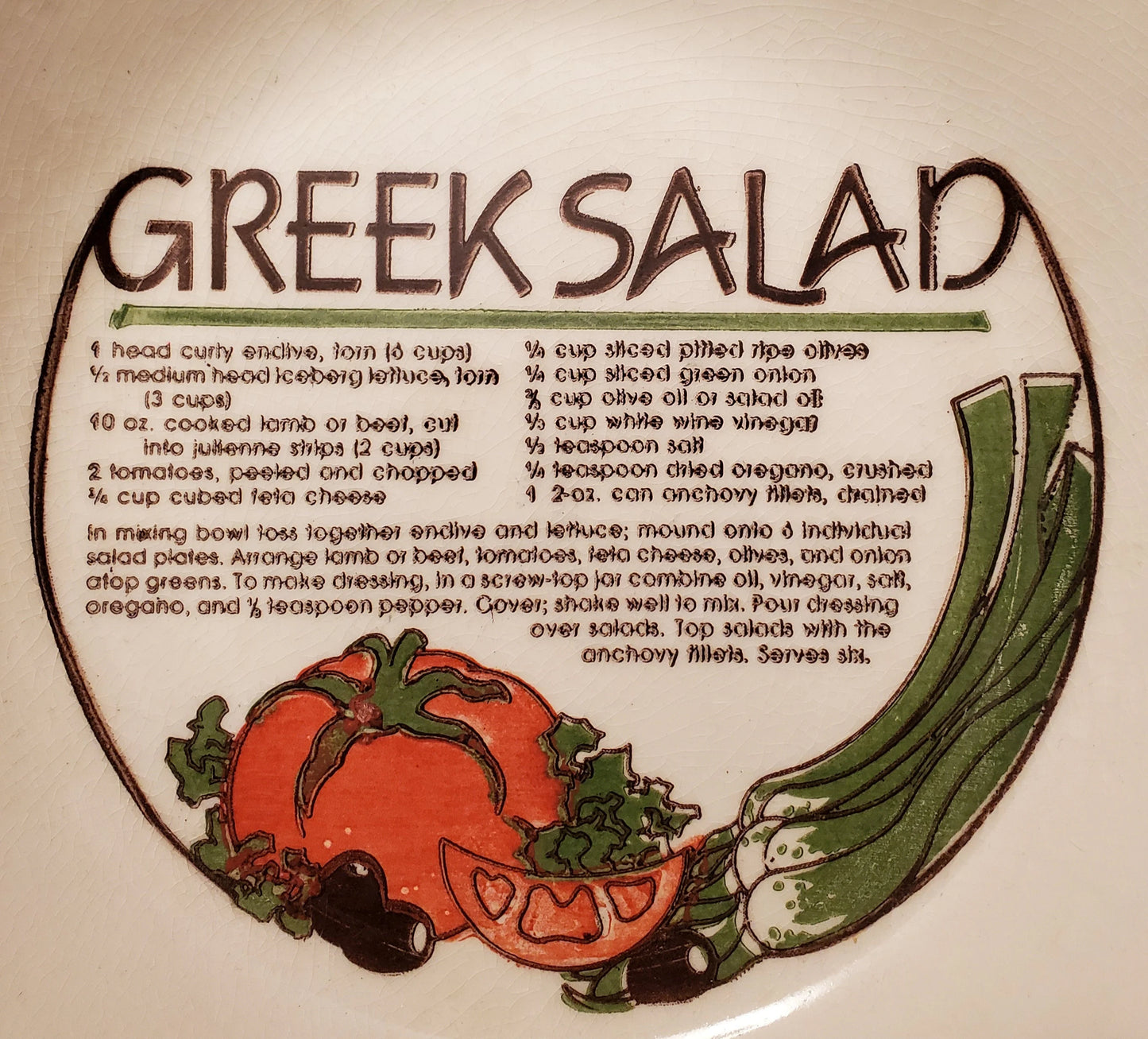 Vintage Ceramic Greek Salad Bowl with Recipe 11.5" x 2.5"