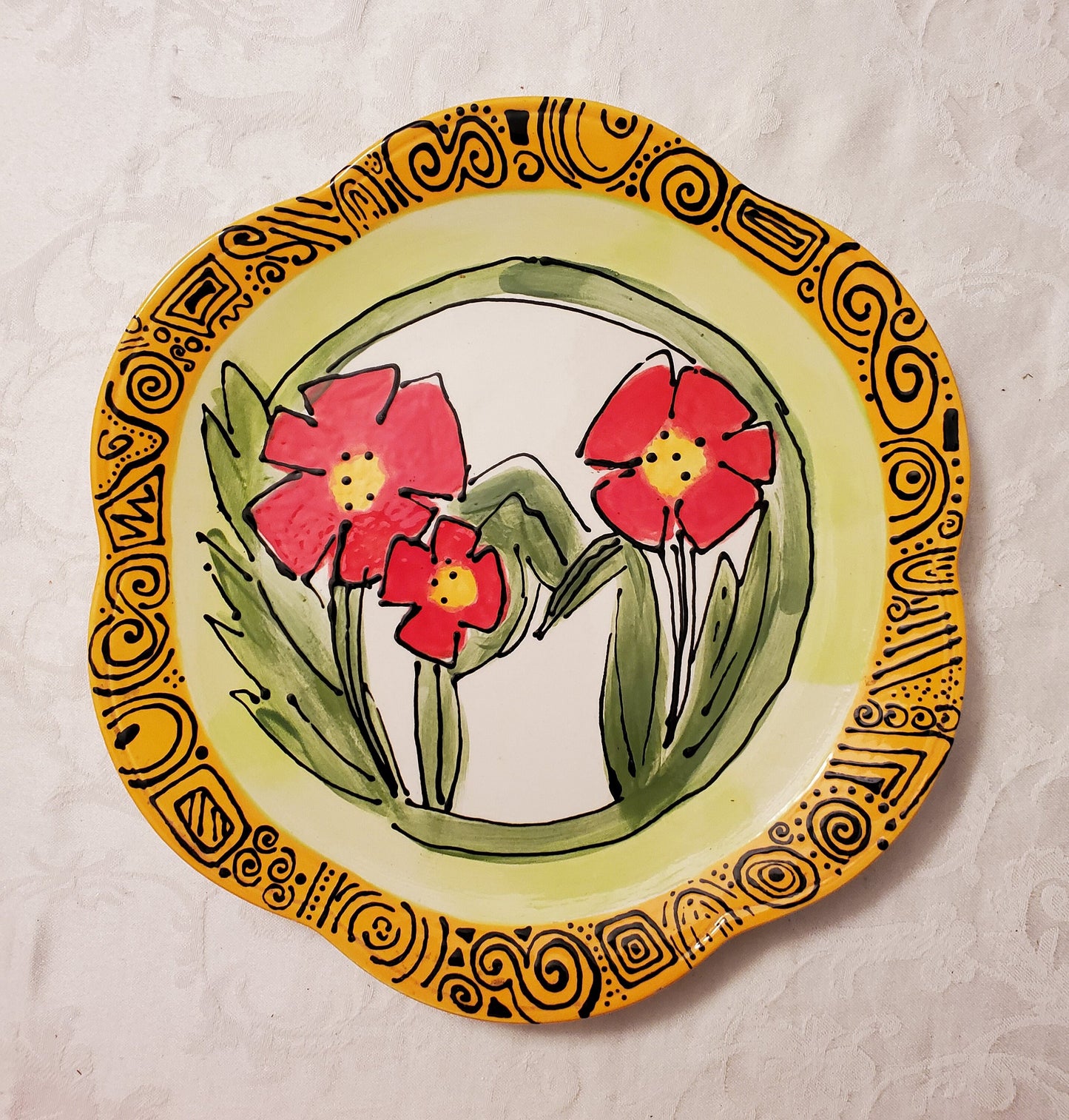 Red Green and Bright Yellow Hand Painted Floral Display Plate 11"