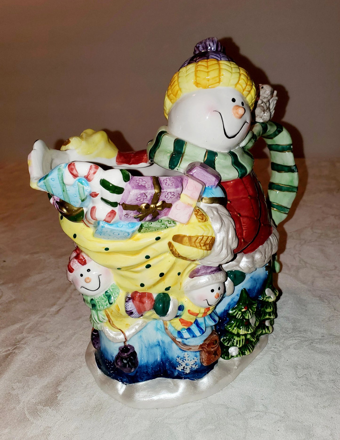 Picture the Winter Wonderland All Season Long with Vintage Snowman Pitcher 9.5"