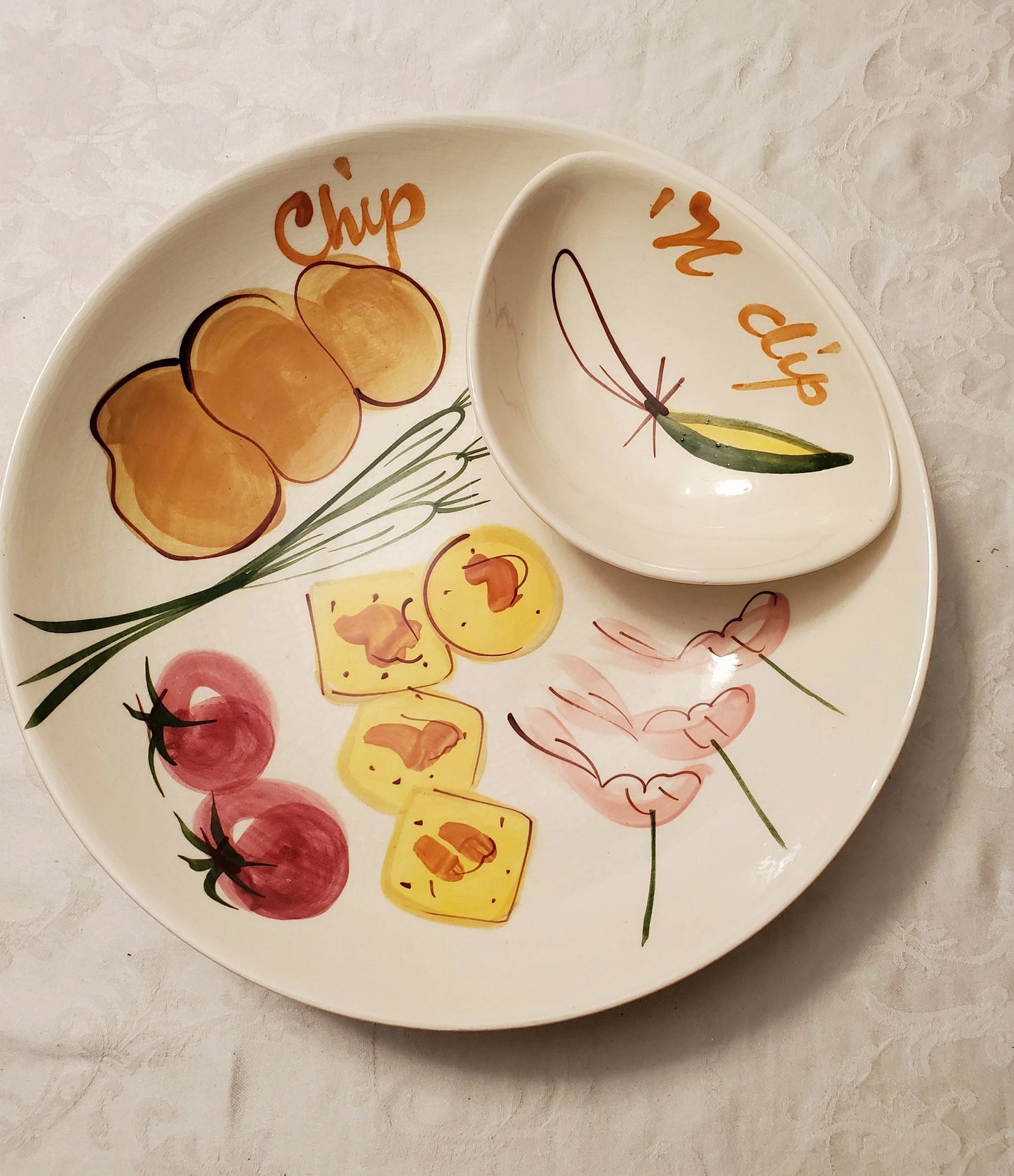 Large Vintage Los Angeles Potteries Hand-Painted Chips-N-Dip Set 700-75 C1956 MCM Mid Century Chips & Dip Bowl, 13 1/2"D - Timeless Treasures Emporium1