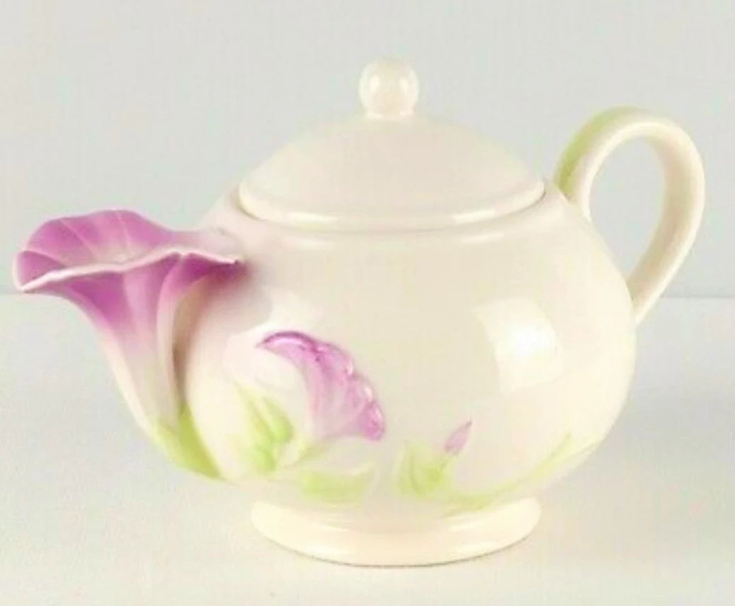 Vintage Embossed Ceramic Teleflora Gift Lidded Floral Teapot White with Pink Morning Glory Flower Spout