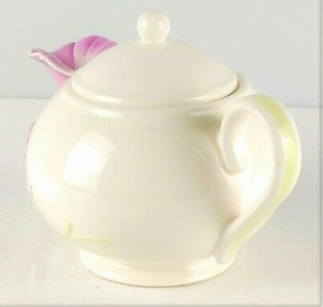 Vintage Embossed Ceramic Teleflora Gift Lidded Floral Teapot White with Pink Morning Glory Flower Spout