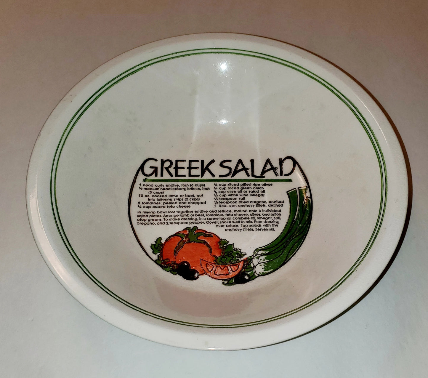 Vintage Ceramic Greek Salad Bowl with Recipe 11.5" x 2.5"