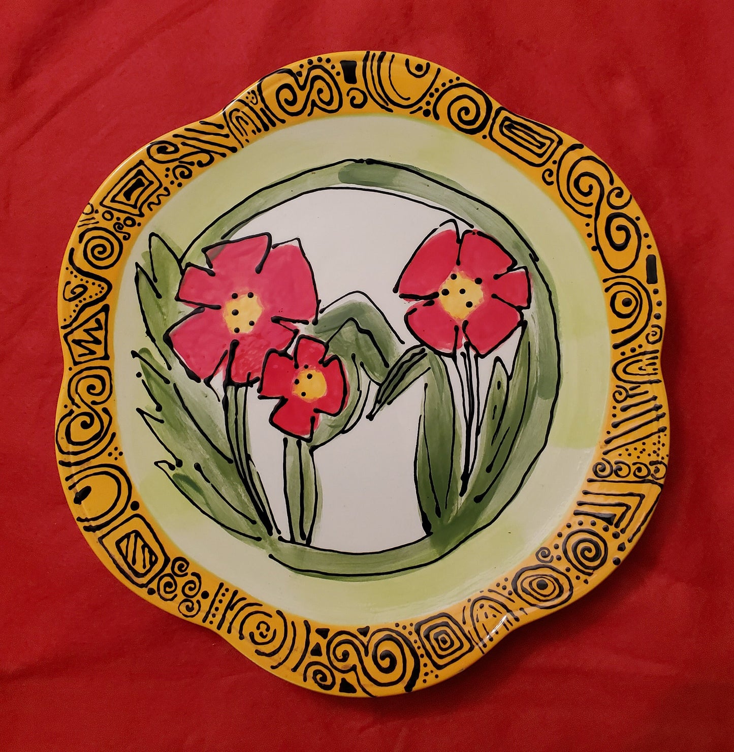 Red Green and Bright Yellow Hand Painted Floral Display Plate 11"
