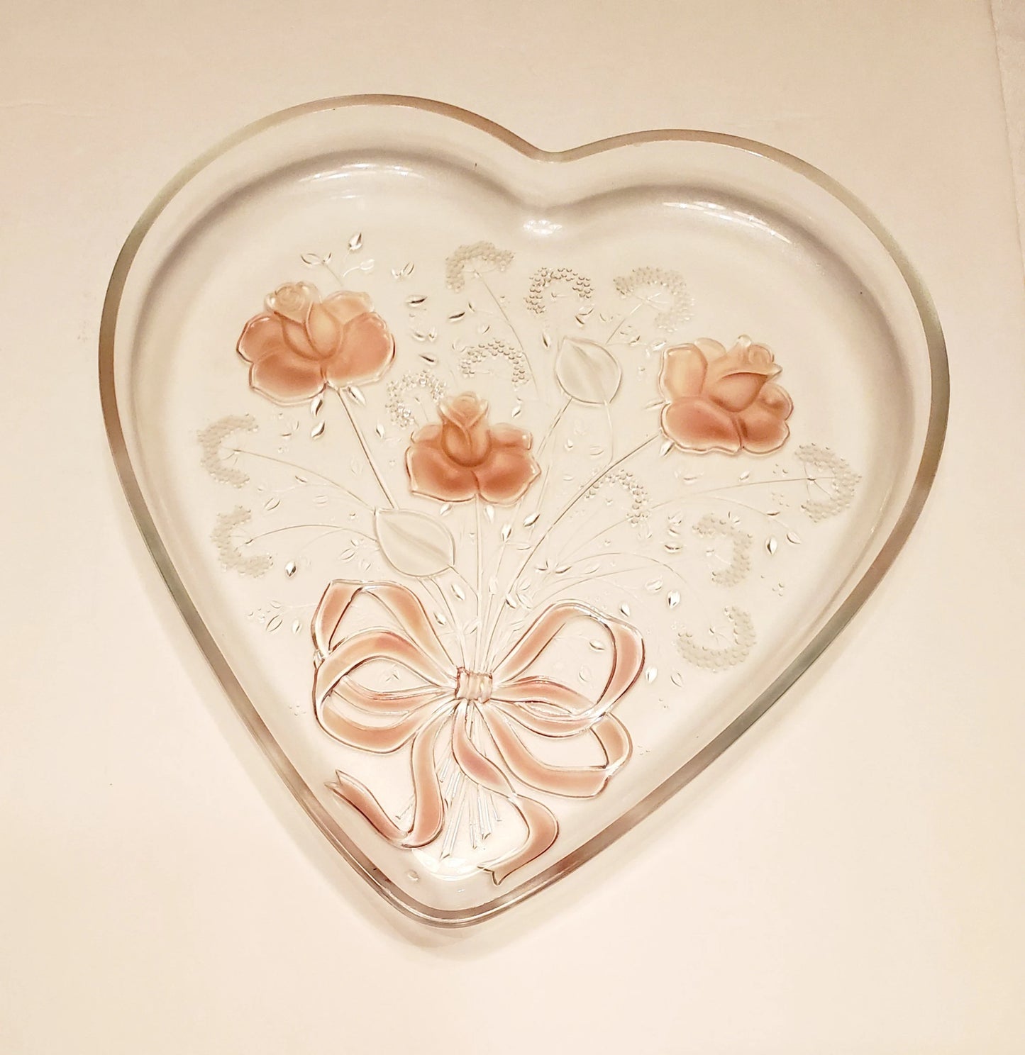 Vintage Mikasa, Crystal Heart-shaped, Large 12" x 12" Serving Platter, Frosted Pink Rose Ribbon Sweetheart Bouquet Design Entertaining Tray - Timeless Treasures Emporium1