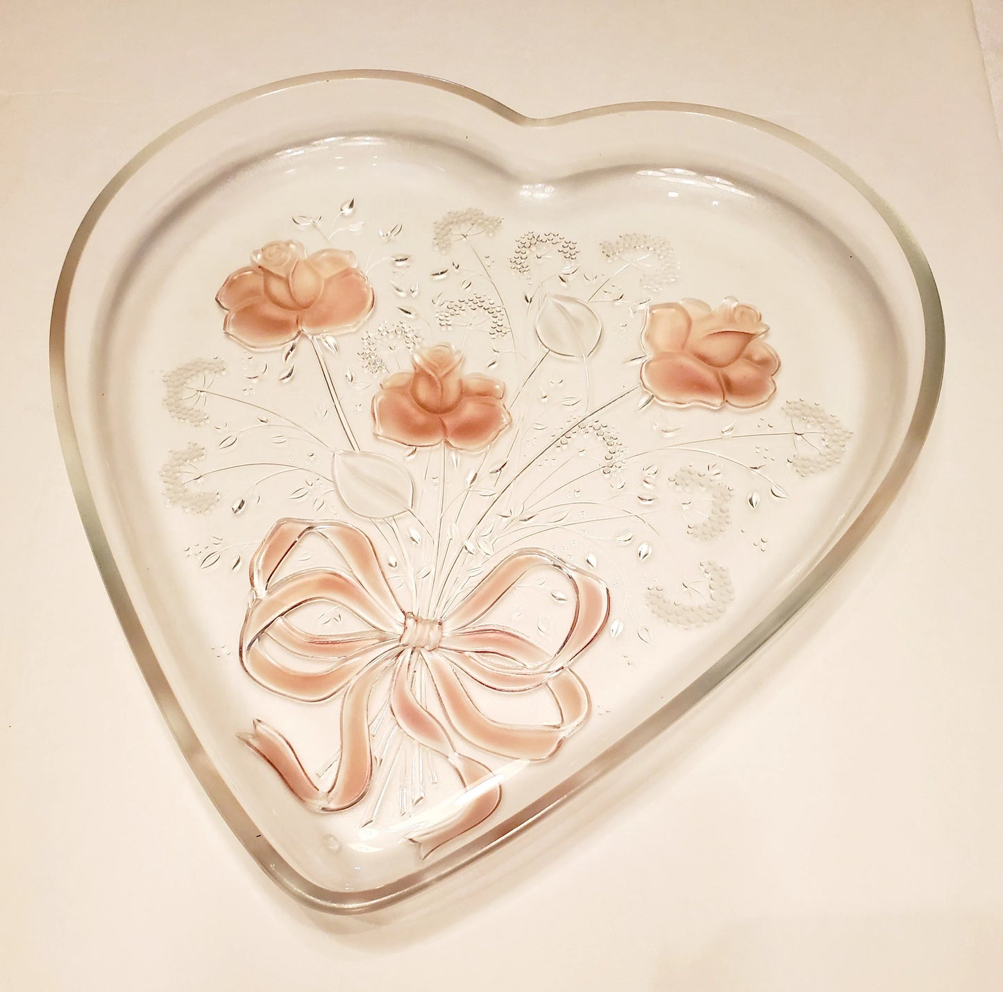 Vintage Mikasa, Crystal Heart-shaped, Large 12" x 12" Serving Platter, Frosted Pink Rose Ribbon Sweetheart Bouquet Design Entertaining Tray - Timeless Treasures Emporium1