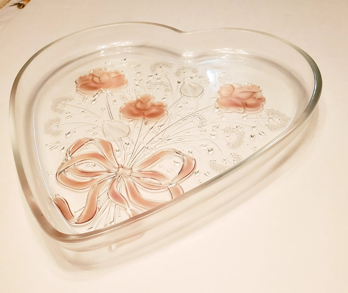 Vintage Mikasa, Crystal Heart-shaped, Large 12" x 12" Serving Platter, Frosted Pink Rose Ribbon Sweetheart Bouquet Design Entertaining Tray - Timeless Treasures Emporium1