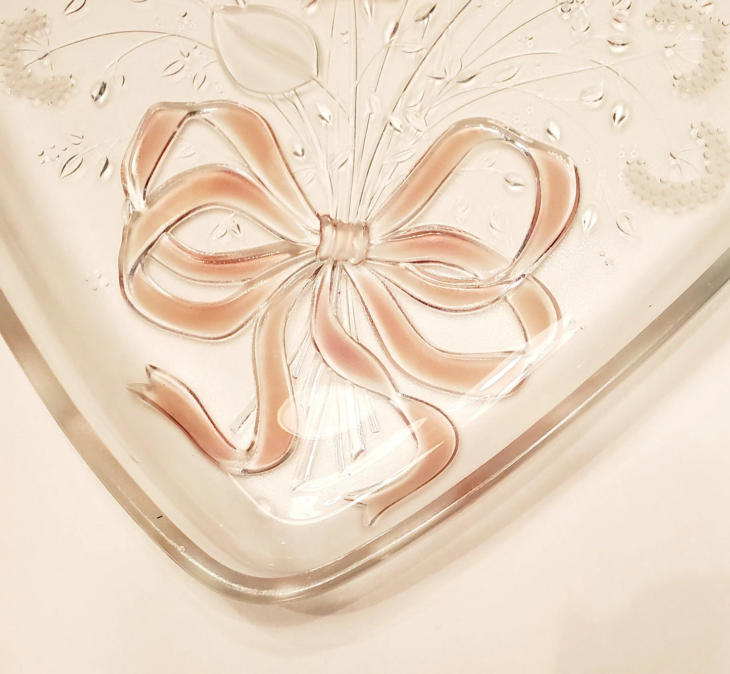 Vintage Mikasa, Crystal Heart-shaped, Large 12" x 12" Serving Platter, Frosted Pink Rose Ribbon Sweetheart Bouquet Design Entertaining Tray - Timeless Treasures Emporium1