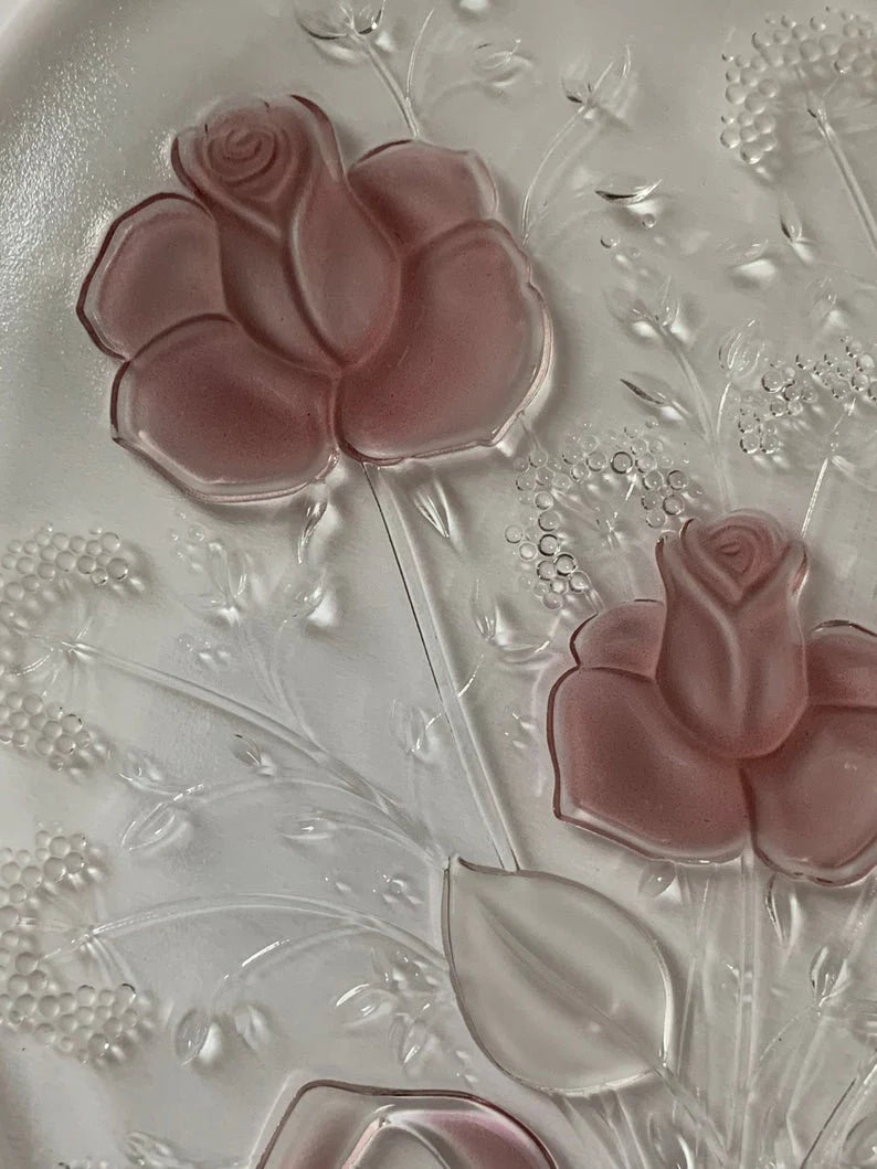 Vintage Mikasa, Crystal Heart-shaped, Large 12" x 12" Serving Platter, Frosted Pink Rose Ribbon Sweetheart Bouquet Design Entertaining Tray - Timeless Treasures Emporium1