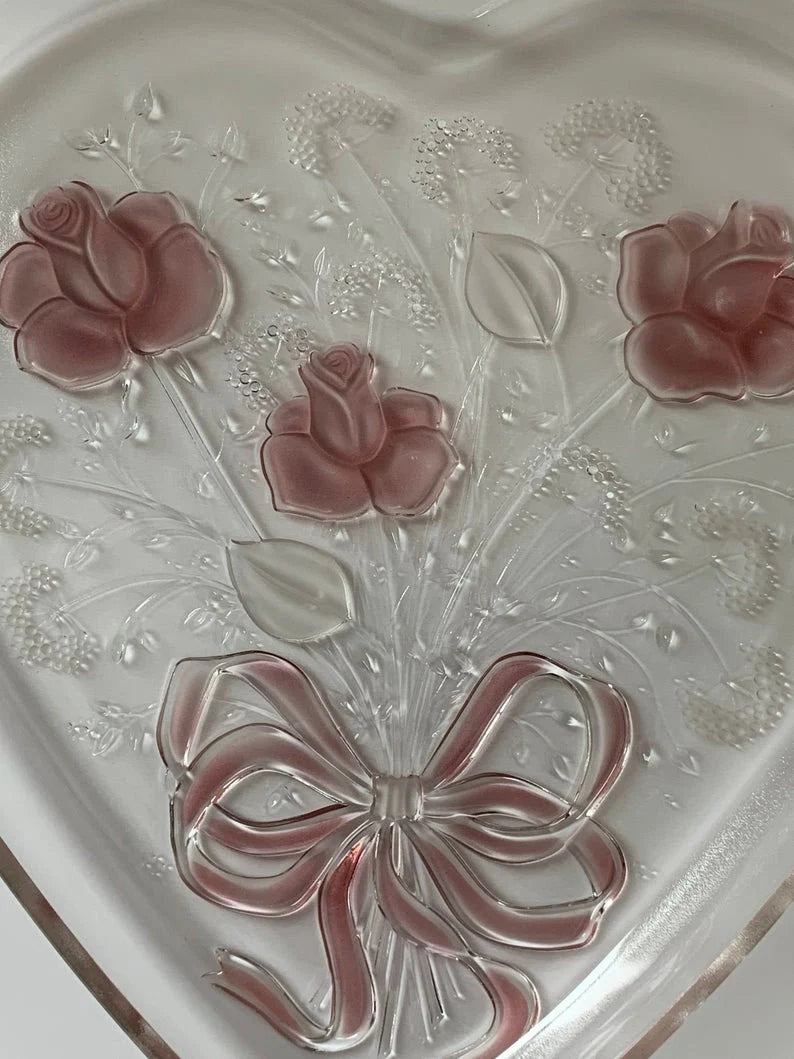 Vintage Mikasa, Crystal Heart-shaped, Large 12" x 12" Serving Platter, Frosted Pink Rose Ribbon Sweetheart Bouquet Design Entertaining Tray - Timeless Treasures Emporium1