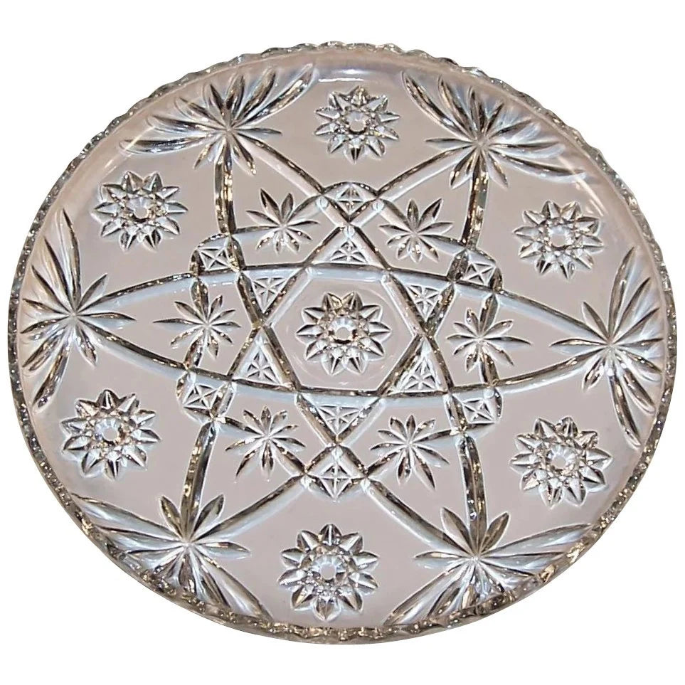 Vintage Anchor Hocking Star of David Precut Serving Platter Cake Plate - Clear Cupped Edge, 11"D