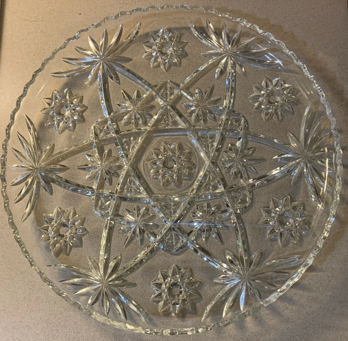 Vintage Anchor Hocking Star of David Precut Serving Platter Cake Plate - Clear Cupped Edge, 11"D