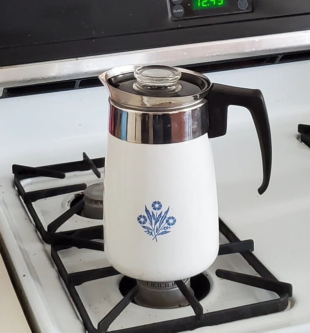 Six (6) Cup Pyroceram Blue Cornflower Corningware Stovetop Percolator Coffee Pot
