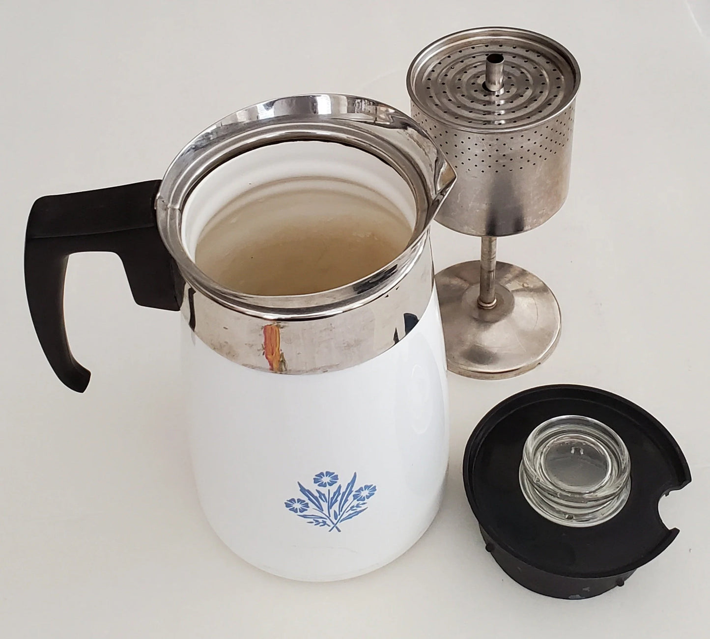 Six (6) Cup Pyroceram Blue Cornflower Corningware Stovetop Percolator Coffee Pot