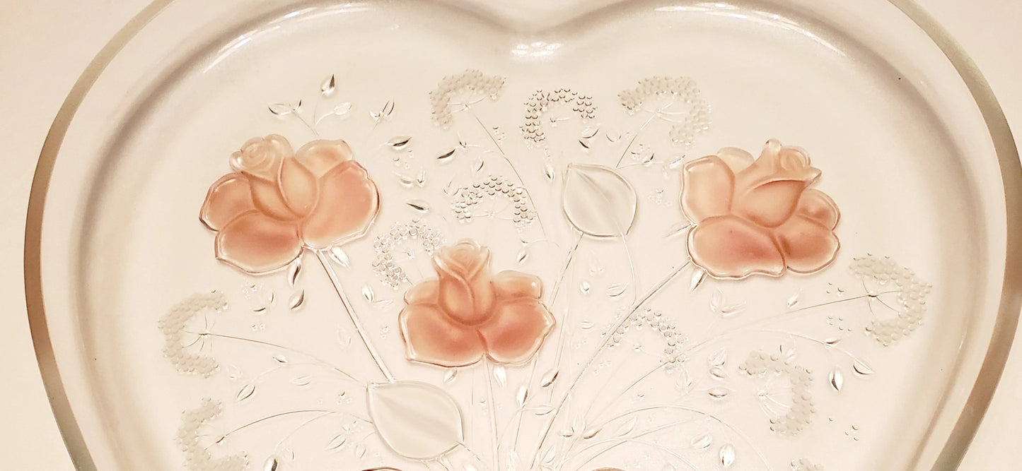 Vintage Mikasa, Crystal Heart-shaped, Large 12" x 12" Serving Platter, Frosted Pink Rose Ribbon Sweetheart Bouquet Design Entertaining Tray - Timeless Treasures Emporium1