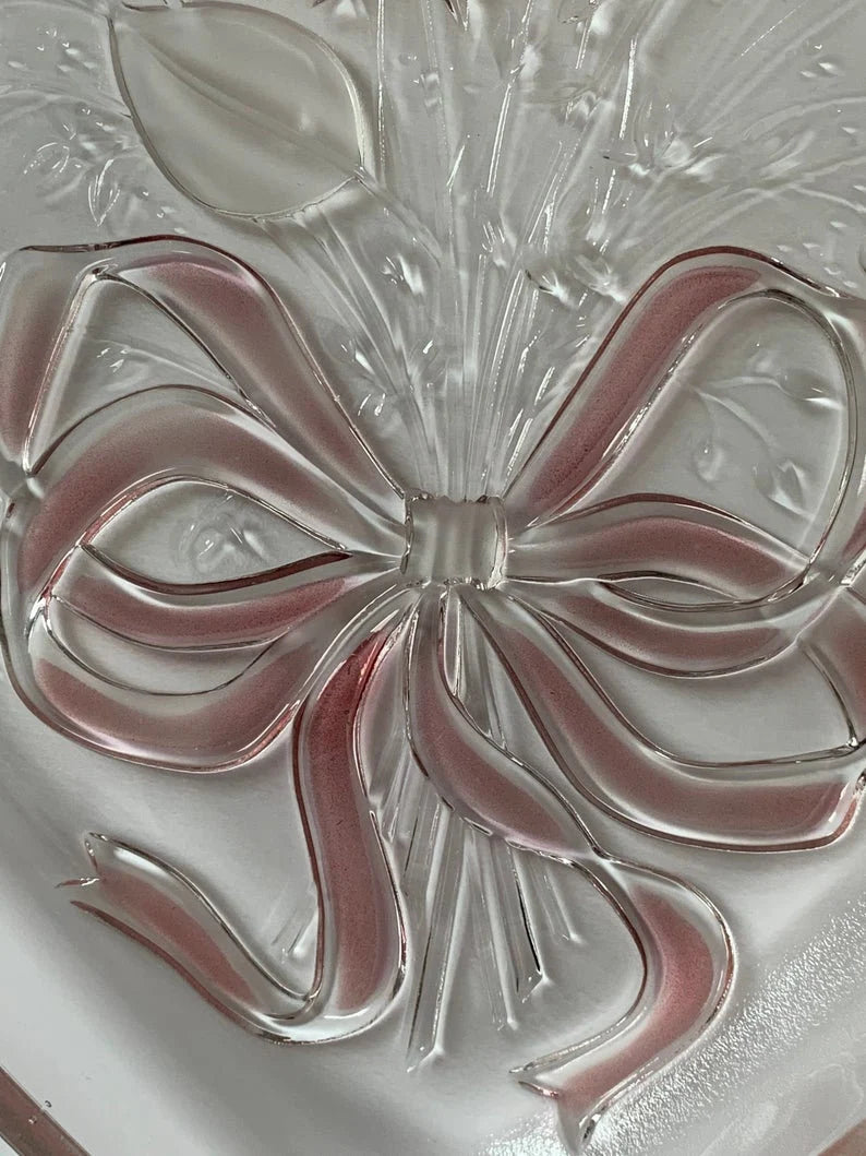Vintage Mikasa, Crystal Heart-shaped, Large 12" x 12" Serving Platter, Frosted Pink Rose Ribbon Sweetheart Bouquet Design Entertaining Tray - Timeless Treasures Emporium1