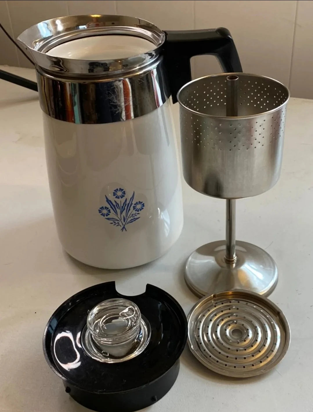 Six (6) Cup Pyroceram Blue Cornflower Corningware Stovetop Percolator Coffee Pot