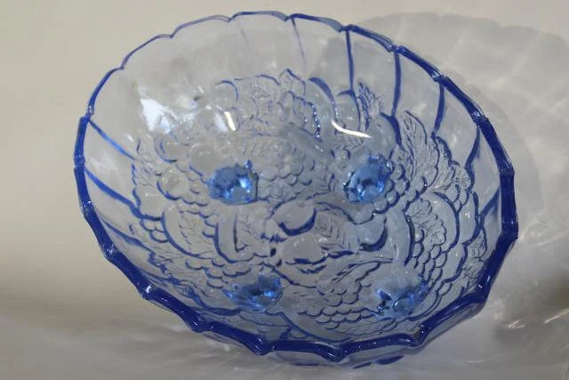 Vintage Indiana Glass Fruit Garland Style Blue Pressed Glass Footed Oval Dish Bowl - Timeless Treasures Emporium1