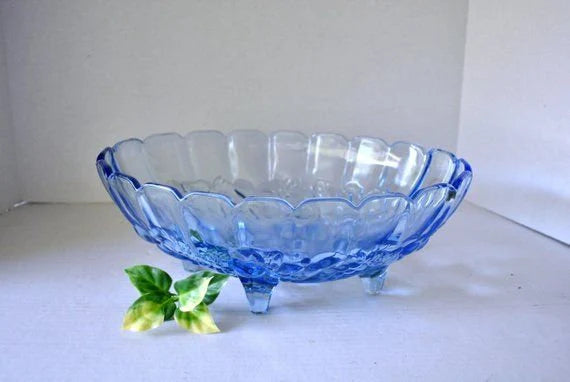 Vintage Indiana Glass Fruit Garland Style Blue Pressed Glass Footed Oval Dish Bowl - Timeless Treasures Emporium1