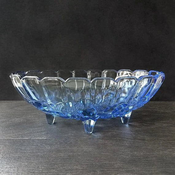 Vintage Indiana Glass Fruit Garland Style Blue Pressed Glass Footed Oval Dish Bowl - Timeless Treasures Emporium1