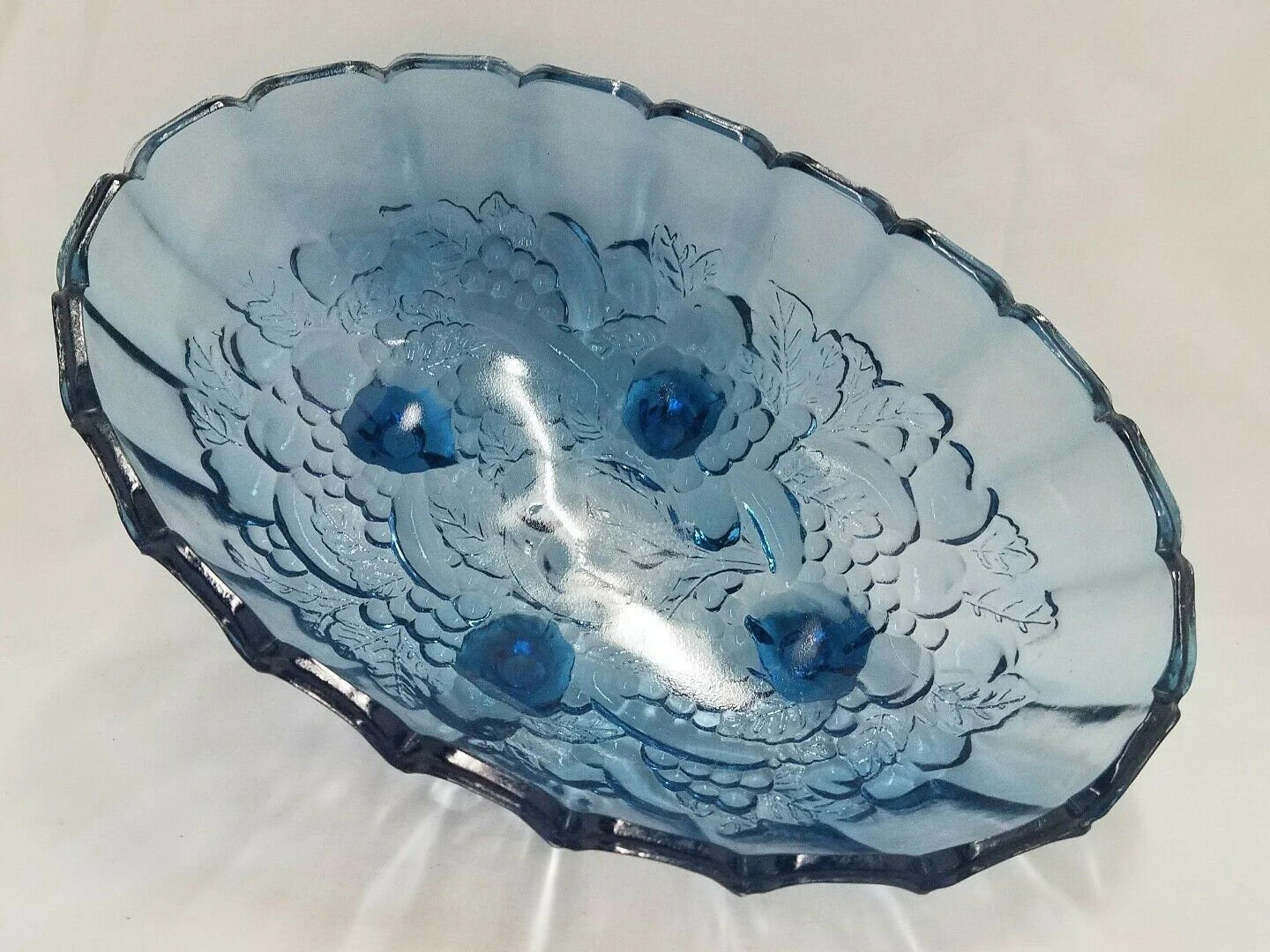 Vintage Indiana Glass Fruit Garland Style Blue Pressed Glass Footed Oval Dish Bowl - Timeless Treasures Emporium1