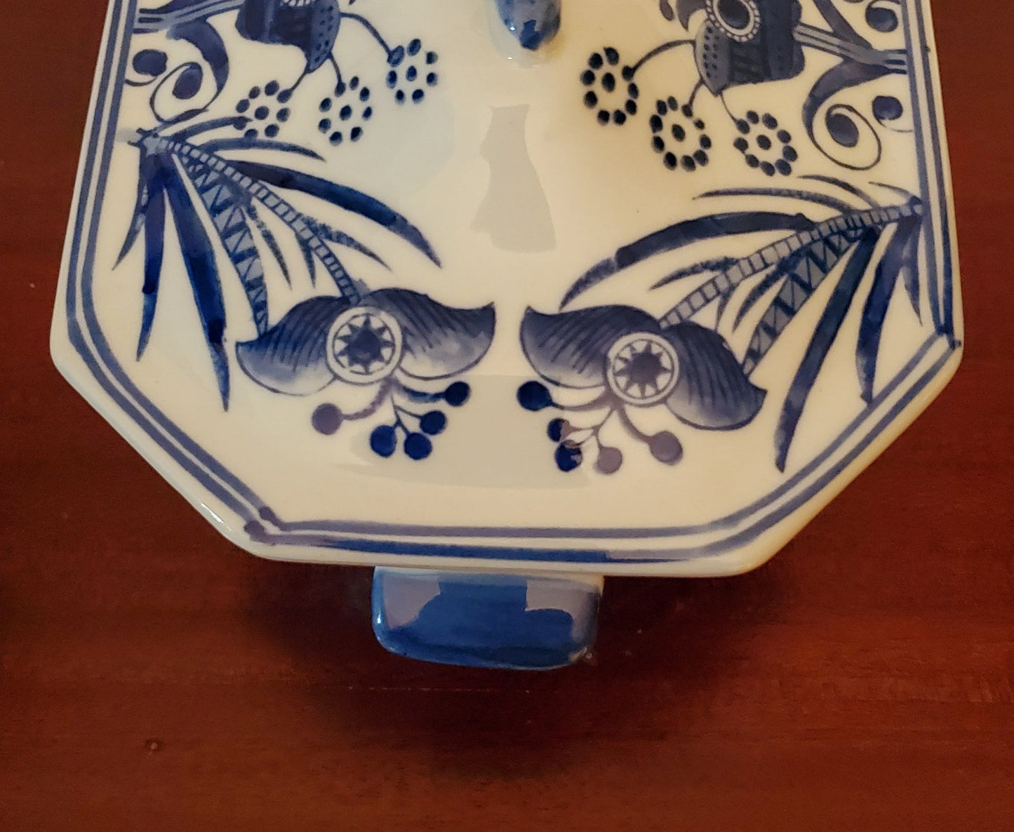 Vintage Lion Finial Covered Blue and White Porcelain Kitchen Display collectible Lidded Casserole Dish