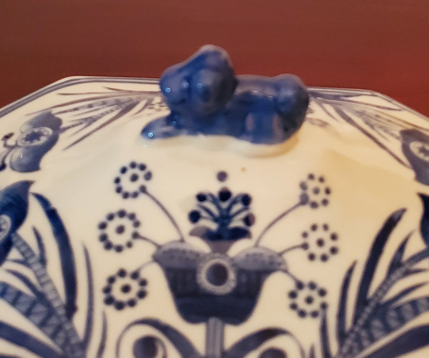 Vintage Lion Finial Covered Blue and White Porcelain Kitchen Display collectible Lidded Casserole Dish
