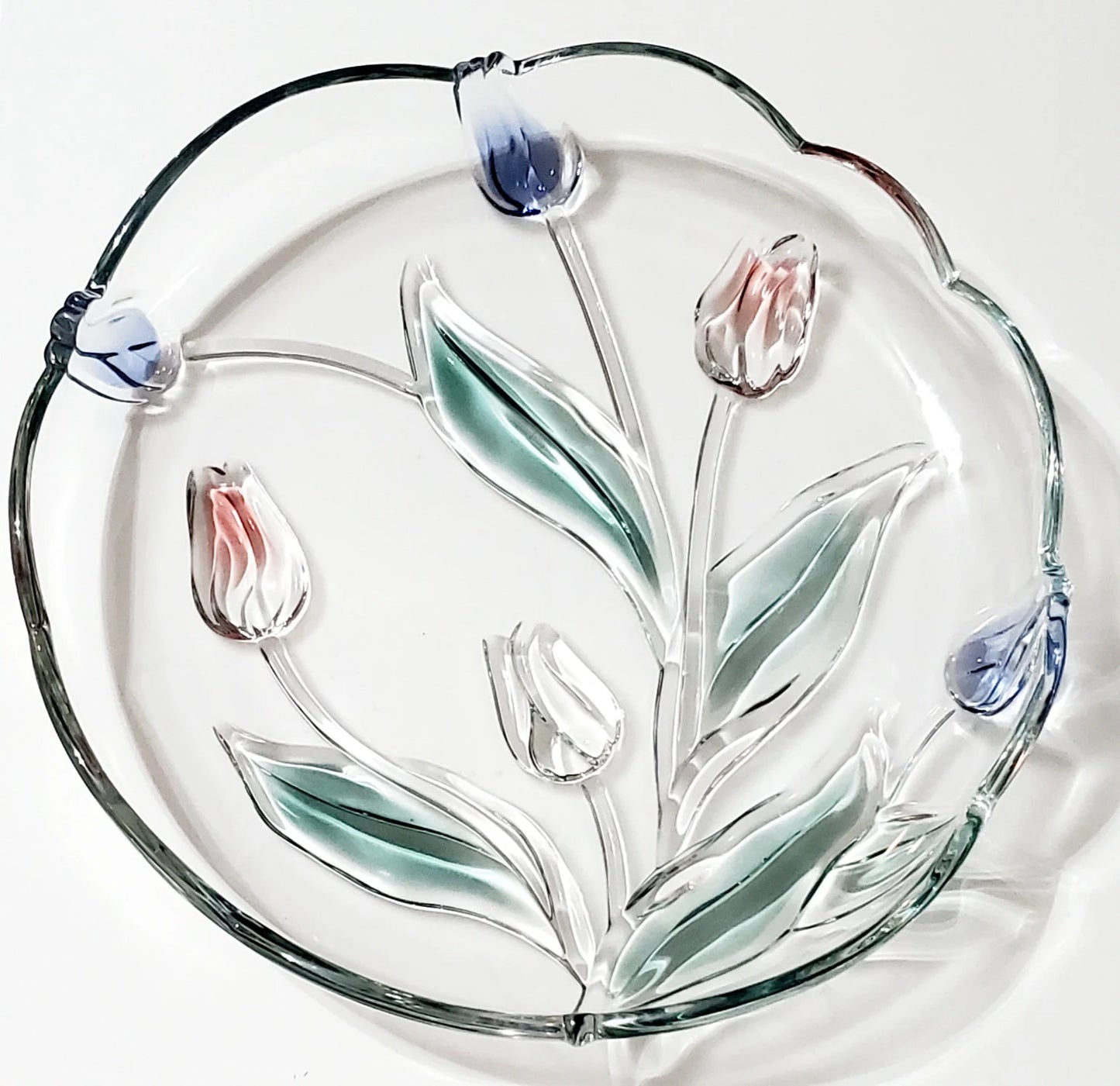 Mikasa Tivoli Pink Violet Tulip 3D Tulip Clear & Colored Round Art Glass Serving Platter Tray ~ 12-1/4"