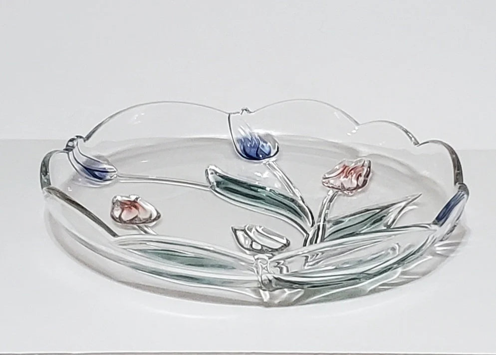 Mikasa Tivoli Pink Violet Tulip 3D Tulip Clear & Colored Round Art Glass Serving Platter Tray ~ 12-1/4"