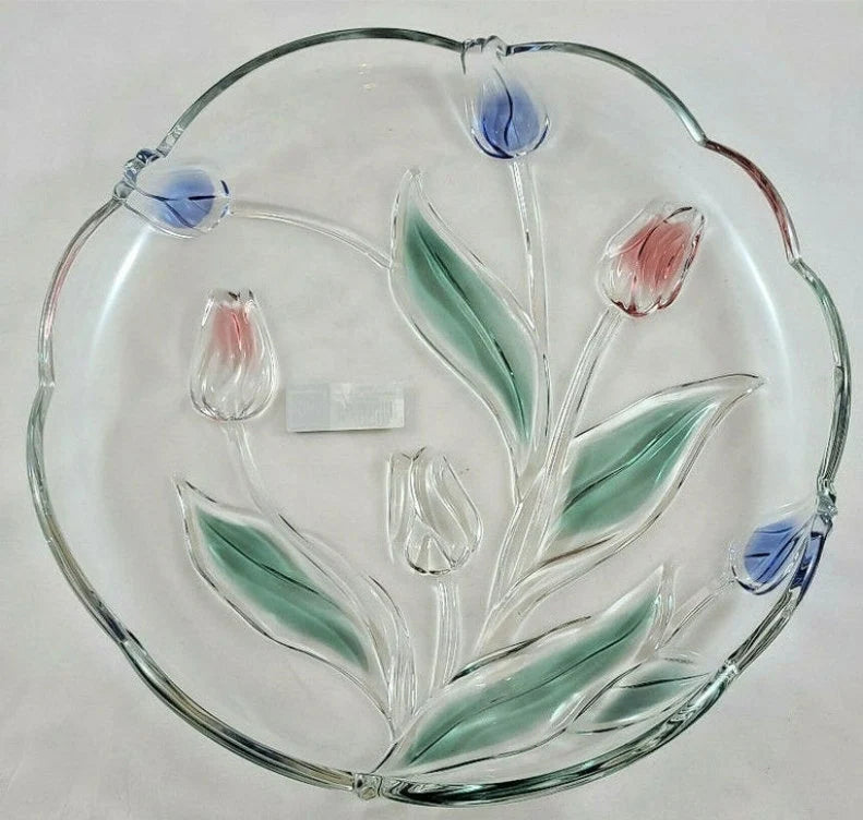 Mikasa Tivoli Pink Violet Tulip 3D Tulip Clear & Colored Round Art Glass Serving Platter Tray ~ 12-1/4"