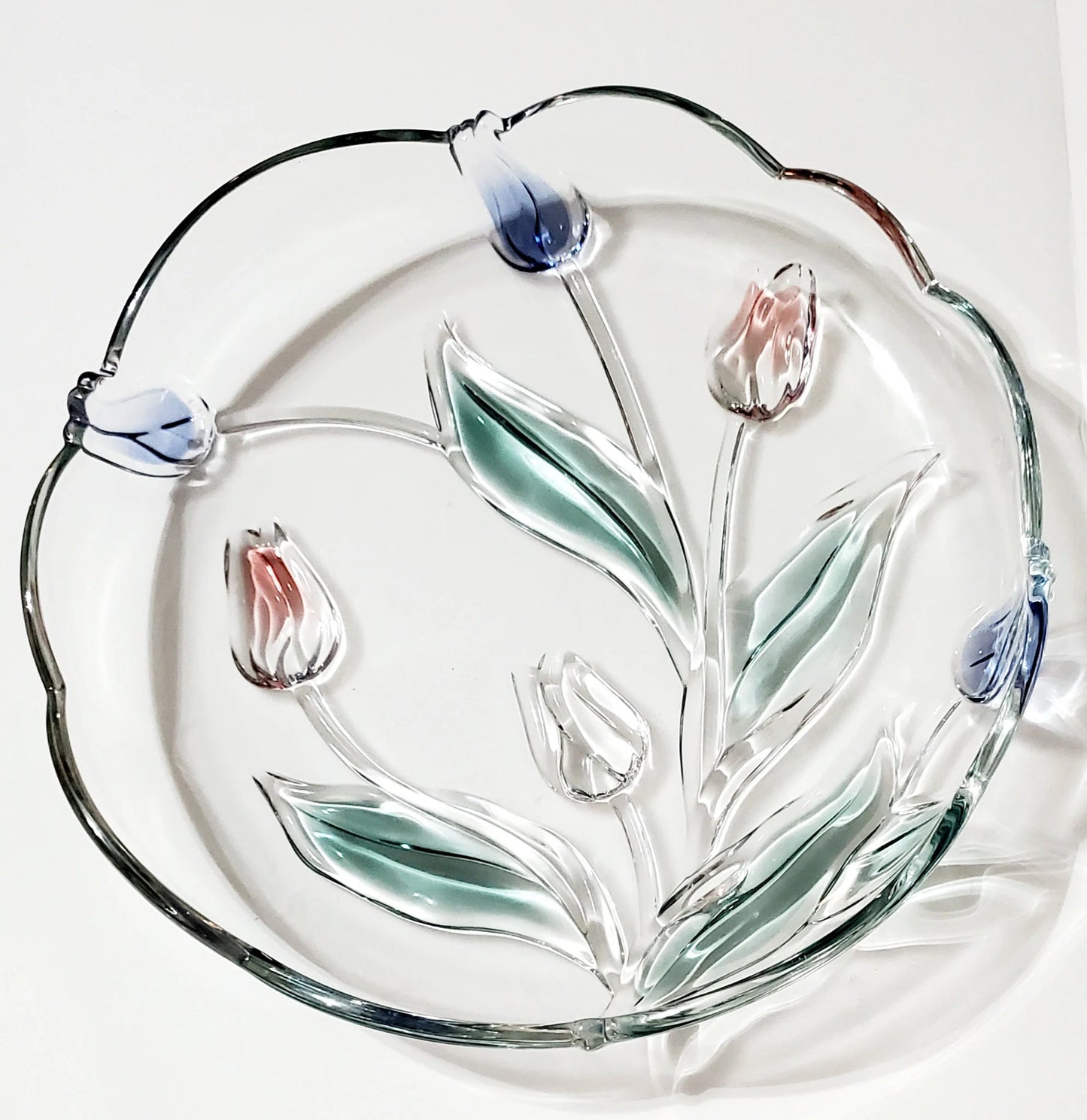 Mikasa Tivoli Pink Violet Tulip 3D Tulip Clear & Colored Round Art Glass Serving Platter Tray ~ 12-1/4"