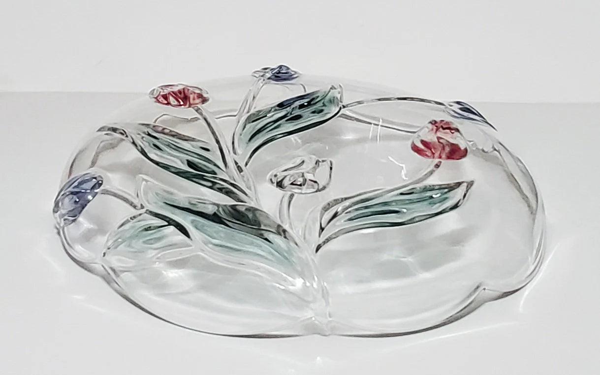 Mikasa Tivoli Pink Violet Tulip 3D Tulip Clear & Colored Round Art Glass Serving Platter Tray ~ 12-1/4"