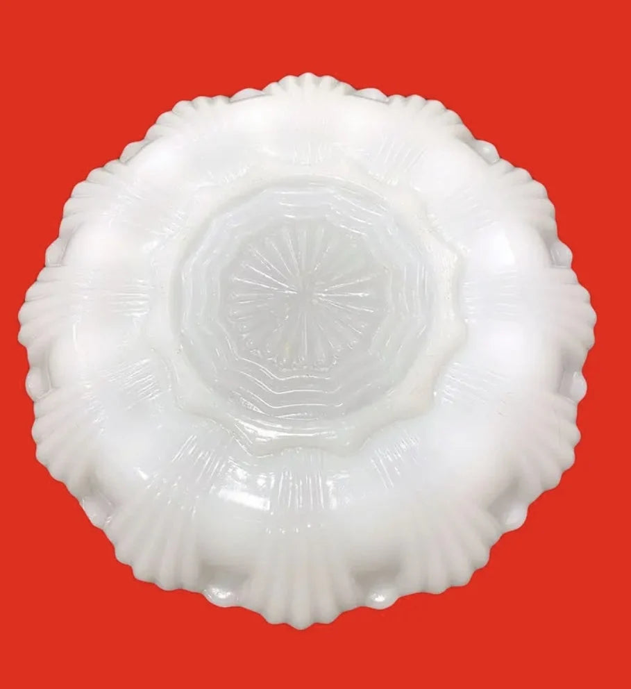 Vintage Anchor Hocking White Milk Glass Oyster / Deviled Egg Plate Server Dish With Gold Trim ~ 10"